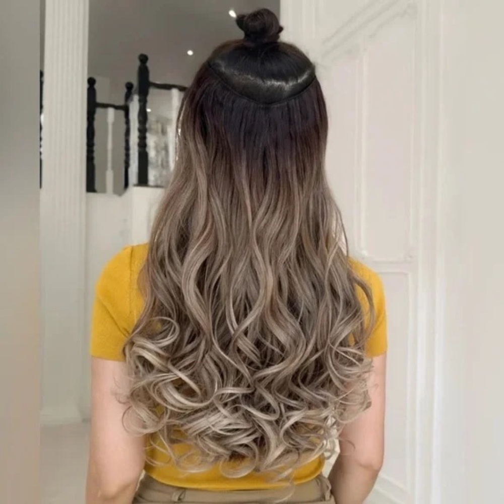 24 In One Piece Clip In Wavy Extensions Balayage hair Style - dark root Blonde - Picture 2 of 8